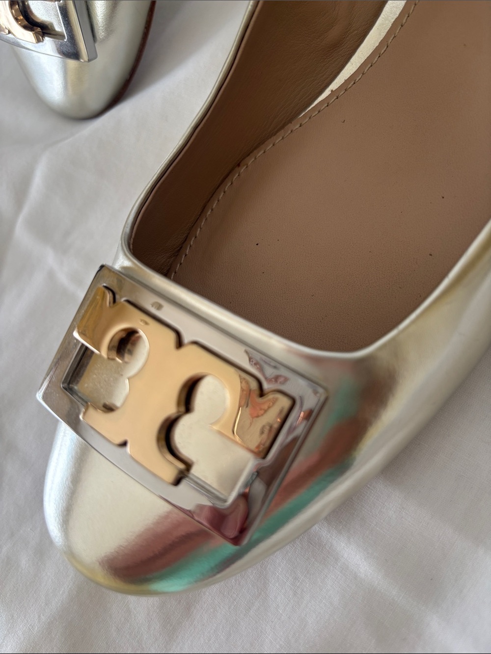 Tory Burch Silver Iridescent Gold Logo Block Heel Flats - Picture 4 of 16